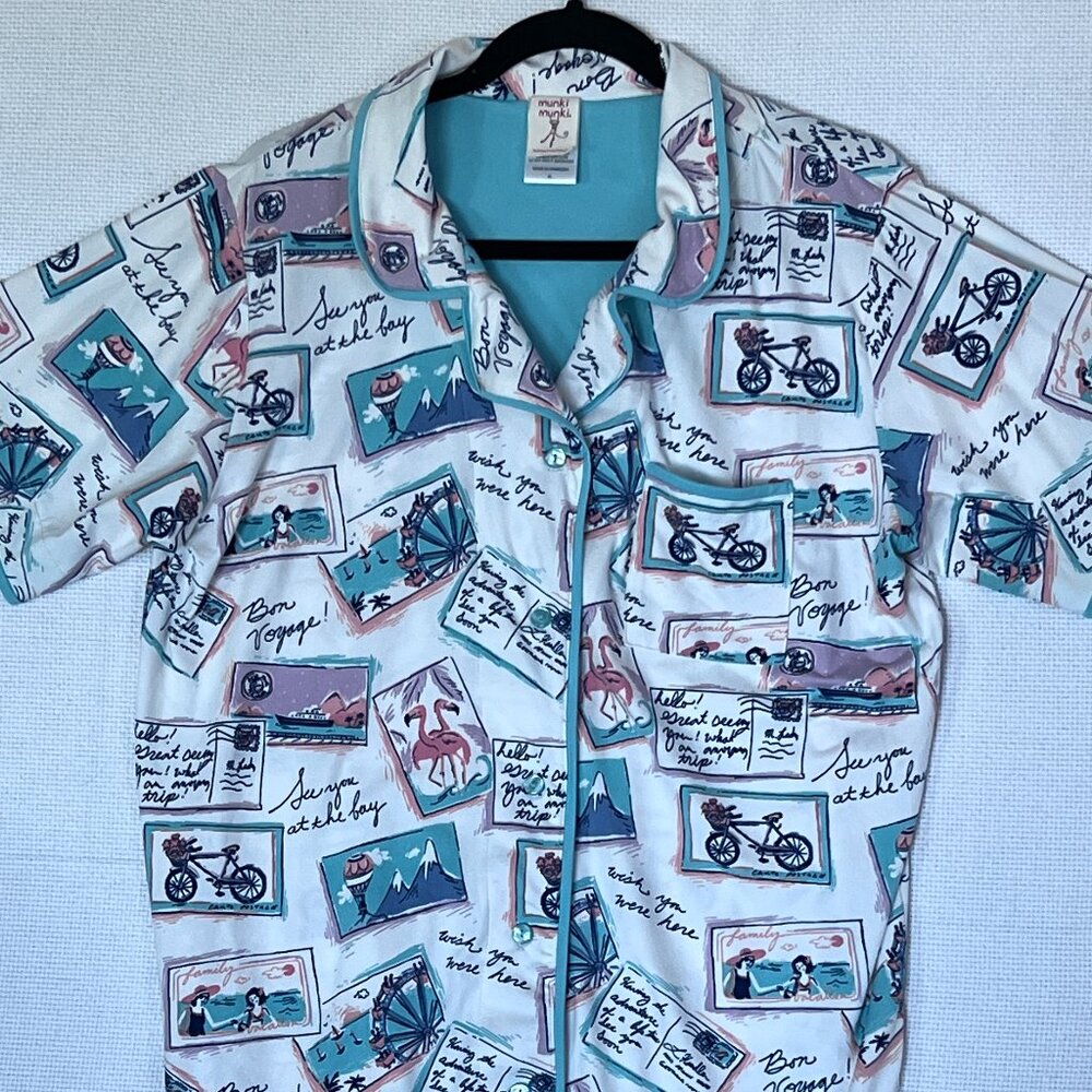 Munki Munki Pajama Top XL Vacation Postcard Print Short Sleeve Sleep Shirt